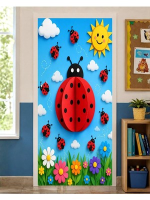 Promisebackdrop2 190X75CM Lastikli Kapı Süsü, Kumaş Kapı Giydirme, Uğur Böcekleri Temalı, Sınıf Kapısı, Okul Etkinlik Kapı Süsü