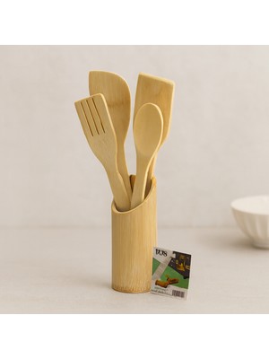 Uravas Store Ahşap Bambu Mutfak Servis Seti 5 Parça (Kaşık, Çatal, 2 Spatula, Stand) 27.5/30 cm