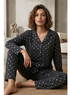 Siyah İnci Antrasit Puan Varak Baskılı Düğmeli Örme Pijama Takım 7793