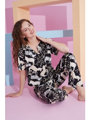 Siyah İnci Zebra Desenli Likralı Örme Pijama Takım