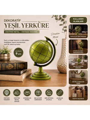 Hediye Bahçesi Yeşil Eskitme Dünya Biblosu - Metal - Küçük Boy - Dekoratif Süs Eşyası