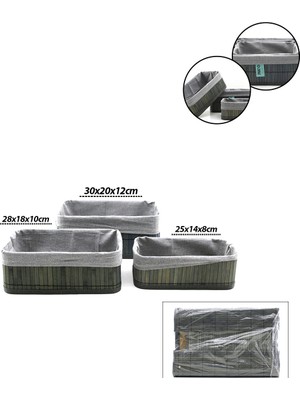 Uravas Store Gri 3 Boy D.dörtgen Bambu Kenar Organizer Sepet Ahşap Altlık - Bezli 25X14-28X18-20X30CM (5047)