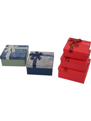 Uravas Store 3pcs Kare Çizgili Mix Renkli Karton Hediye Kutusu Kurdelalı 19-17-15CM