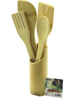 Uravas Store 5pcs Ahşap Bambu Mutfak Seti Stand - Kaşık - Çatal - 2 Spatula Fileli