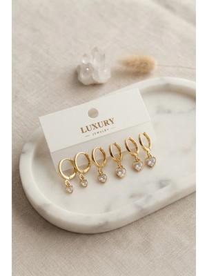 Ronanna Buğz Kalp Zirkon Taşlı Gold Renk Pirinç Set Küpe