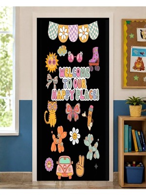 Promisebackdrop2 190X75CM Lastikli Kapı Süsü, Kumaş Kapı Giydirme, Welcome To Our Happy Place!, Sınıf Kapısı, Okul Etkinlik Kapı Süsü