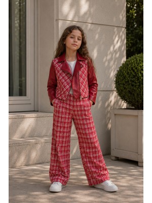 HC Kids Wear Deri Detaylı Ekose Takım - Kırmızı
