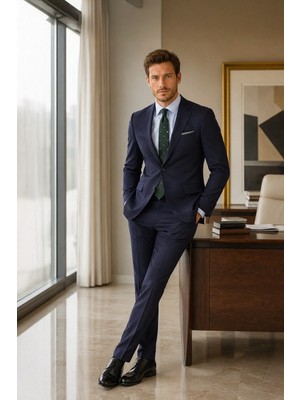 Hatemoğlu Lacivert D. Slim Fit Mono Yaka Desenli Klasik Takım Elbise