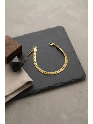 Ronanna 316L Çelik Gold Renk Ezme Cuban Zincir Model Erkek Bileklik