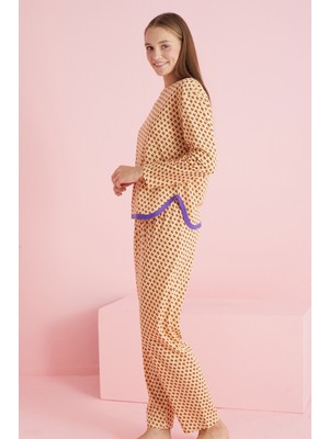 Siyah İnci Turuncu Mor Desenli Biyeli Örme Pijama Takım 7776