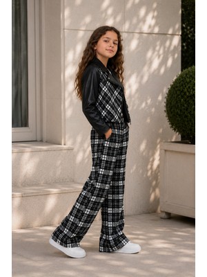 HC Kids Wear Deri Detaylı Ekose Takım - Siyah