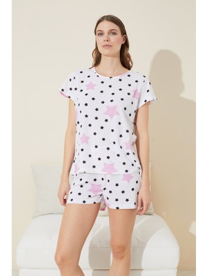 Siyah İnci Beyaz Renkli Yıldız Desenli Örme Şort-Pijama Takım