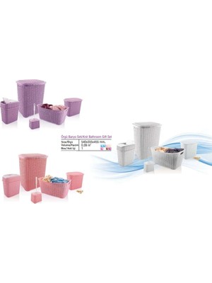 Renas Store 5 Parça Örgü Desenli Plastik Banyo Seti Çamaşır Sepeti Deterjanlık Çöp Kovası Klozet Fırçası - Mor