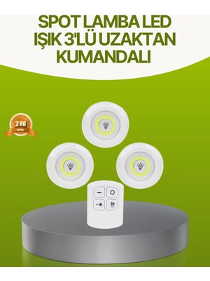 Renas Store Uzaktan Kumandalı 3 Lü Kablosuz LED Spot Lamba Seti Yapışkanlı Pratik Kullanım
