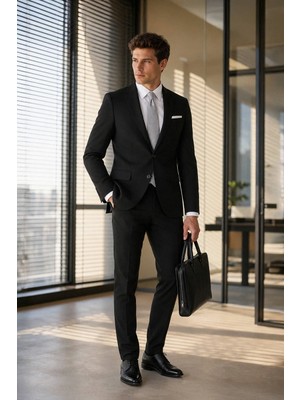 Hatemoğlu Siyah Slim Fit Mono Yaka Desenli Klasik Takım Elbise