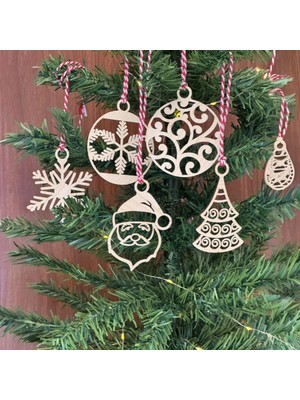 Renas Store 6 Parça Kırmızı Beyaz Ipli Noel Babalı ve Kar Tanesi Model Ahşap Yılbaşı Ağaç Süsü (5528)