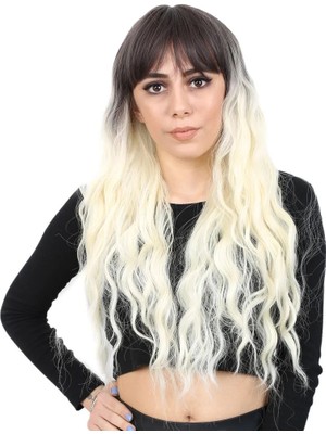 Renas Store Perçemli Uzun Su Daası Fiber Sen Peruk / Küllü Siyah / Platin Ombreli