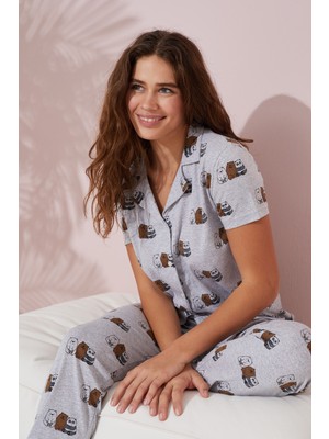 Siyah İnci Gri Panda Desenli Örme Düğmeli Pijama Takım