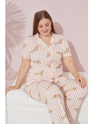 Siyah İnci Vizon Beyaz Köpek Desenli Örme Düğmeli Pijama Takım