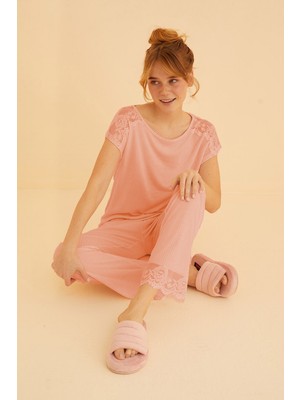 Siyah İnci Pudra Dantel Detaylı Soft Touch Ince Örme Pijama Takım