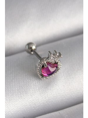 Renas Store 316L Çelik Gümüş Renk Pembe Mineli Kalp Zirkon Taş Detaylı Taç Tragus Piercing