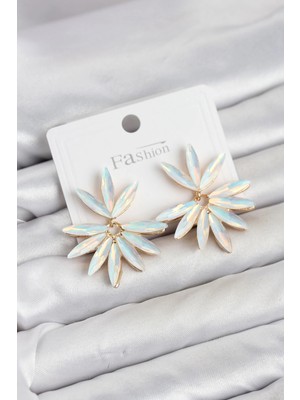 Vendly Beyaz Renk Kristal Taşlı Lotus Model Kadın Küpe