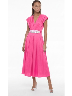 ROMAN V Yaka Pileli Midi Boy Tafta Elbise Pembe YY011301_038