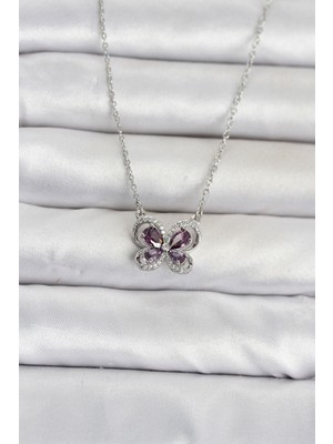 Renas Store 316L Çelik Zincir Gümüş Renk Mor Kelebek Model Kadın Kolye