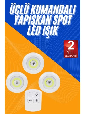 Renas Store Dolap Işığı Mutfak Rafı Işığı Uzaktan Kumandalı 3 Lü Spot LED Lamba