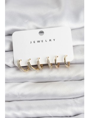 Vendly Zirkon Taşlı Gold Renk Pirinç Kadın Küpe Seti