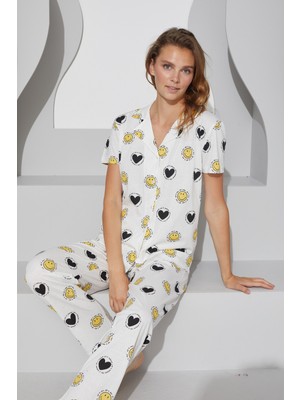 Siyah İnci Beyaz Gülen Yüz Desenli Örme Düğmeli Pijama Takım