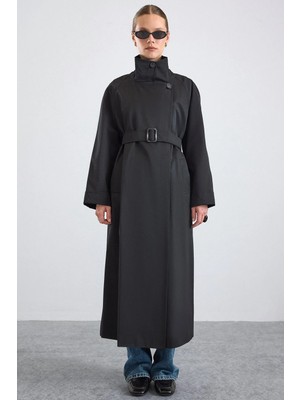 Olcay Dik Yaka Oversize Su Itici Özellikli Trençkot Siyah 6874