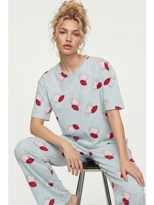 Siyah İnci Yeşil Kalp Dudak Desenli Örme Pijama Takım