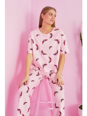 Siyah İnci Pembe Ayakkabı Desenli Örme Pamuklu Pijama Takım