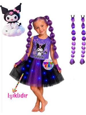 3b Kids Kuromi Kostüm Elbise Işıklı Kostüm Penye Elbise Kuromi Babble Saç Peruk Kostüm Doğum Günü Parti Seti