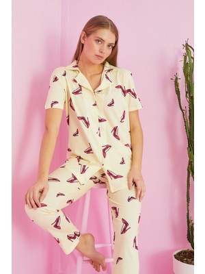 Siyah İnci Sarı Ayakkabı Desenli Örme Pamuklu Düğmeli Pijama Takım
