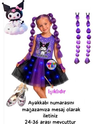3b Kids Kuromi Işıklı Penye Kostüm Elbise Kuromi Peruk Saç Kuromi Topuklu Ayakkabı Seti Doğum Günü Parti