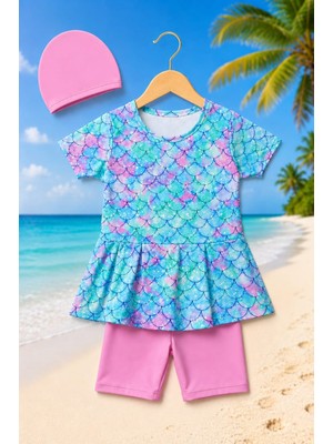 My Kids Wear Kız Çocuk Desenli Şortlu Bone’li Mayo Takımı 12870
