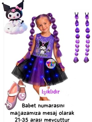 3b Kids Kuromi Işıklı Penye Kostüm Elbise Kuromi Peruk Saç Kuromi Babet Ayakkabı  Seti Doğum Günü Parti