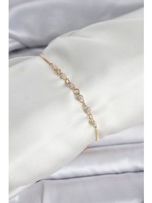Renas Store Gold Renk Zincir Model Zirkon Taşlı Pirinç Asansörlü Kadın Bileklik