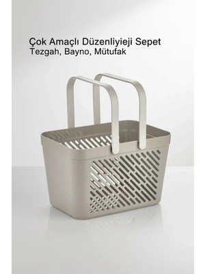 Renas Store 1'li Gri Çok Amaçlı Kulplu Sepet Mutfak Banyo Organizer Taşıma Sepeti