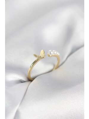 Renas Store Incili Kelebek Model Gold Renk Pirinç Kadın Yüzük