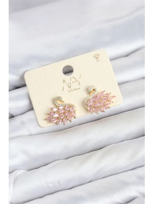 Vendly Pembe Zirkon Taşlı Gold Swan Kuğu Model Kadın Küpe