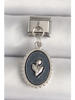Renas Store 316L Çelik Gümüş Renk Çiçek Işlemeli Siyah Portre Model Nomination Charm