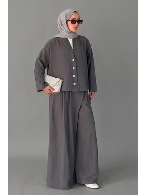 Norshen Kruvaze Kesim Düğmeli bluz & Etek Görünümlü Geniş Paça Pantolon - Keten Takım