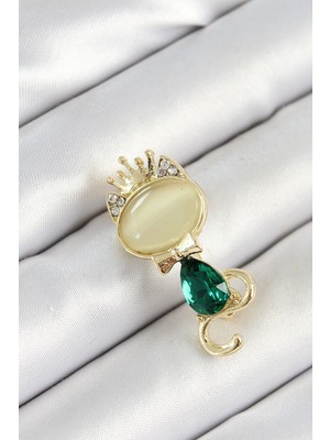 Renas Store Yeşil Damla Zirkon Taşlı Kraliçe Taçlı Kedi Figürlü Gold Renk Kadın Broş