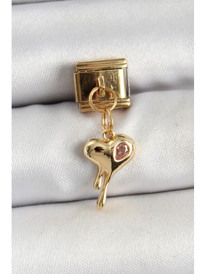 Renas Store 316L Çelik Sallantılı Zirkon Taşlı Eriyen Kalp Model Gold Renk Nomination Charm