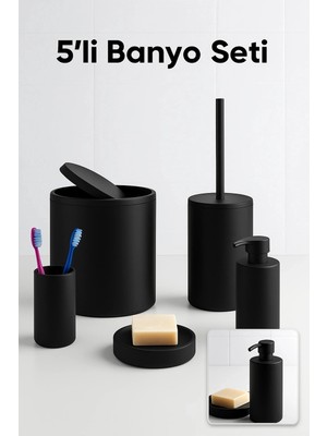 Renas Store 5 Parça Siyah Banyo Seti Yuvarlak Çöp Kovası Tuvalet Fırçası Sabunluk Fırçalık Modern