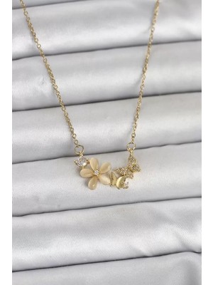 Renas Store 316L Çelik Zincir Gold Renk Çiçek ve Kelebek Model Kadın Kolye - TJ-BKO11038