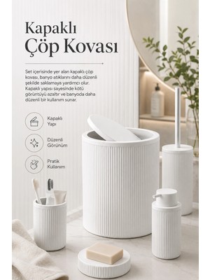 Renas Store Beyaz Banyo Düzenleyici Set 5 Parça Çöp Kovası Tuvalet Fırçası Sabunluk Fırçalık